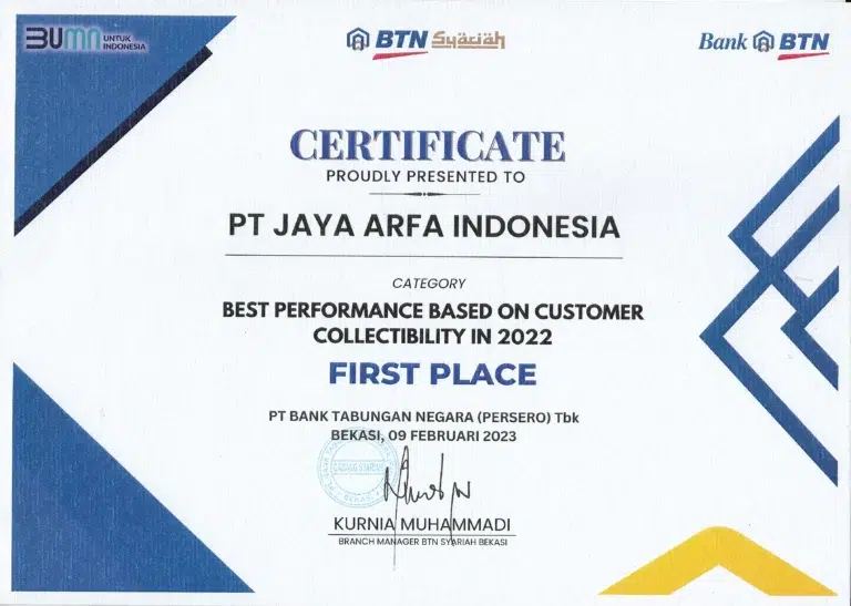 Penghargaan Juara 1 Best Performance Collectibility 2022 dari BTN Syariah untuk PT Jaya Arfa Indonesia