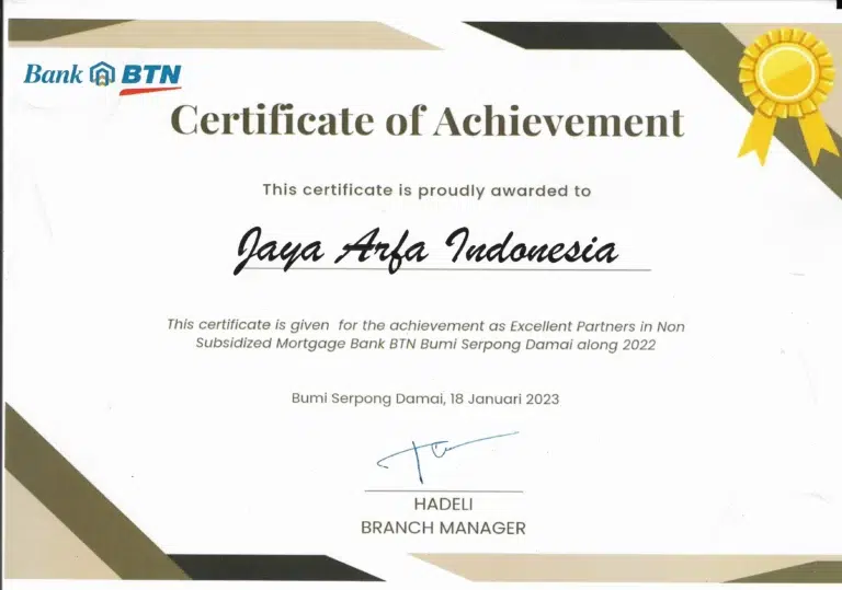 Penghargaan Excellent Partners KPR Non Subsidi 2022 dari Bank BTN BSD untuk Jaya Arfa Indonesia
