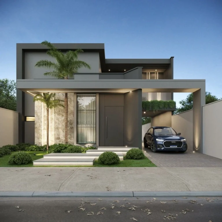 Rumah modern bebas banjir dua lantai dengan carport dan taman depan di Bekasi