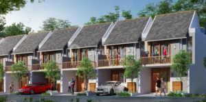 Cluster modern dua lantai dengan desain minimalis dan carport untuk dua mobil.