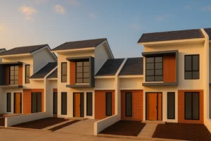 Deretan rumah modern minimalis di Ganda Arum Residence 5 Bekasi dengan desain dua lantai dan jendela besar.