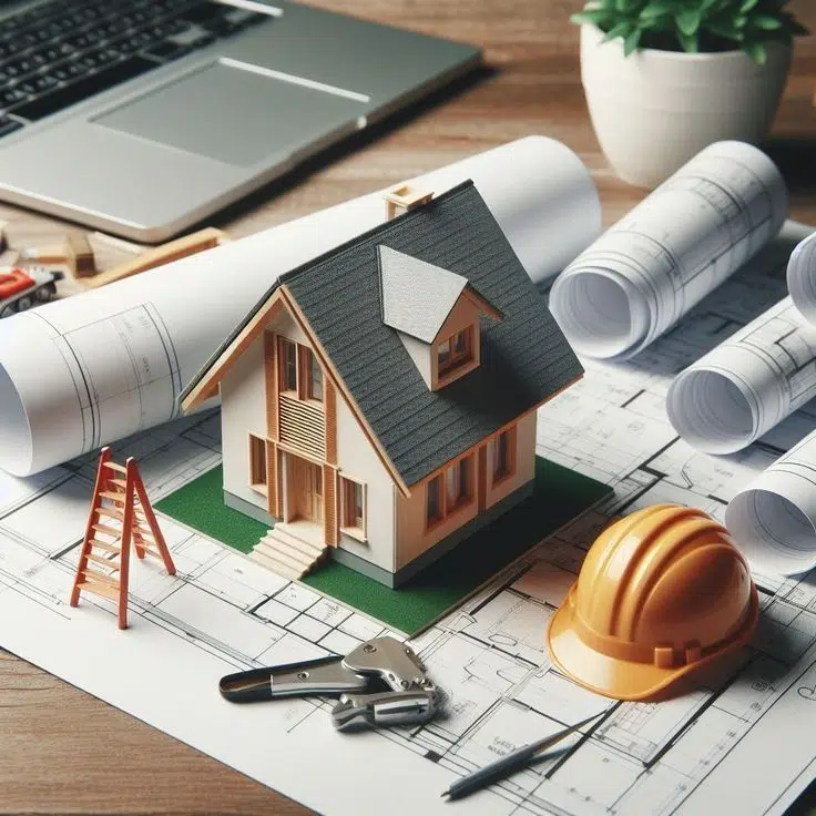 konsep perumahan berkualitas Bekasi dengan desain rumah modern, blueprint bangunan, dan perencanaan hunian yang matang