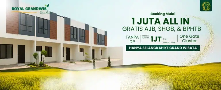 Perumahan Royal Grandwis Bekasi dengan rumah modern dua lantai, promo booking mulai 1 juta all in, tanpa DP, dekat kawasan Grand Wisata Bekasi.