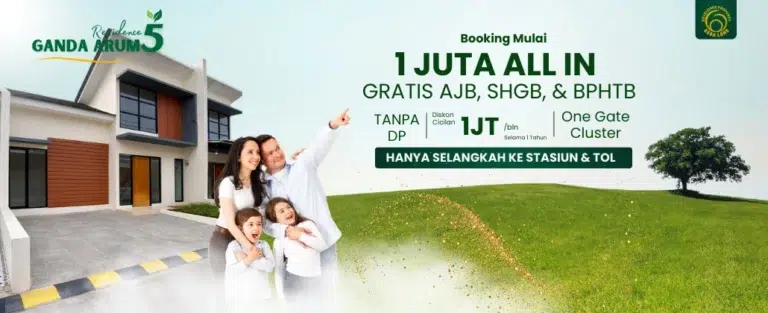 Perumahan Ganda Arum Residence 5 Bekasi dengan desain rumah modern, promo booking mulai 1 juta all in, lokasi dekat stasiun dan akses tol.