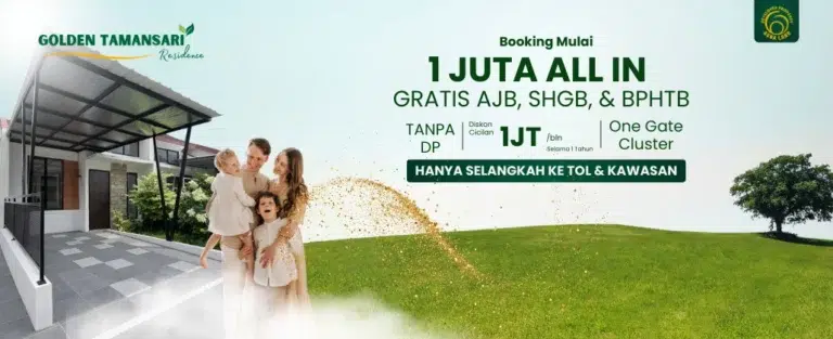 Perumahan Golden Tamansari Setu dengan rumah modern minimalis, promo booking mulai 1 juta all in, tanpa DP, dekat tol dan kawasan strategis.