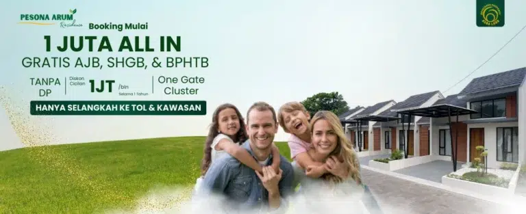 Perumahan Pesona Arum Residence Bekasi dengan rumah modern minimalis, promo booking mulai 1 juta all in, tanpa DP, dekat tol dan kawasan strategis.