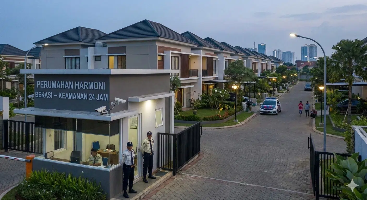 Perumahan dengan keamanan 24 jam di Bekasi dengan one gate system, pos keamanan, CCTV, dan lingkungan hunian modern yang aman untuk keluarga