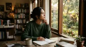 Wanita sedang mempertimbangkan membeli perumahan syariah sambil menulis catatan di meja dekat jendela rumah.