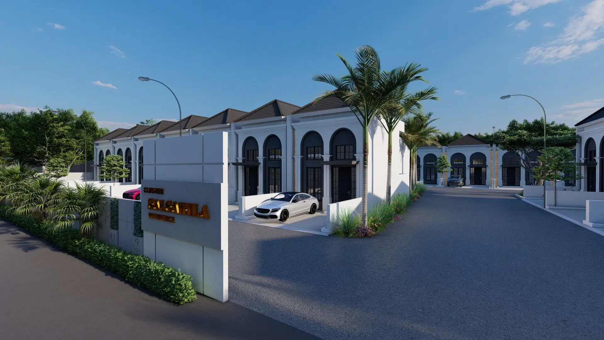 Perumahan syariah modern dengan desain minimalis elegan, deretan rumah dua lantai dengan carport dan lingkungan tertata rapi.