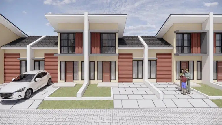 Deretan rumah modern minimalis di Ganda Arum Residence 5 Bekasi dengan desain dua lantai dan jendela besar.